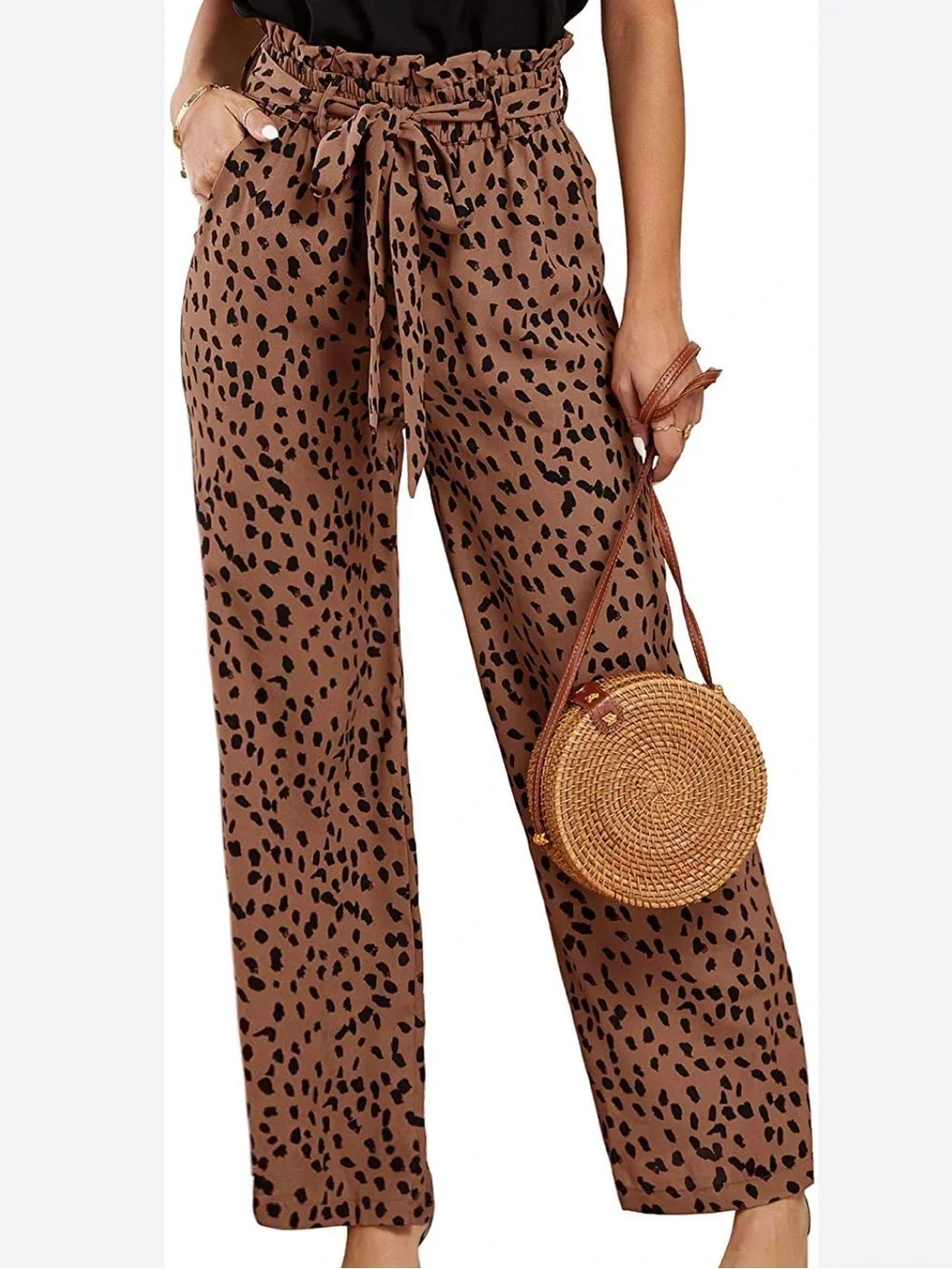 Lulu’s High Waist Leopard Pants Wide Leg Belted Palazzo Trousers pockets